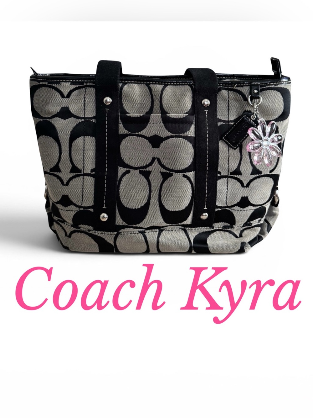 Coach Kyra Black & Gray Signature Tote with Pink Floral Charm EUC